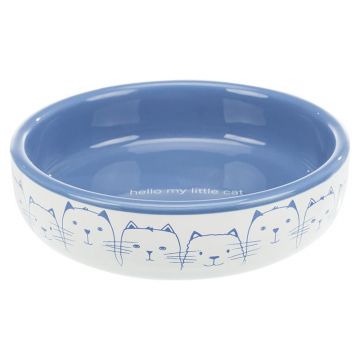 Keramiknapf Katze, flach,  0,3 l / 13 cm, weiß/blau