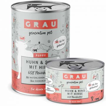 Grau Hund Puppy Huhn und Rind mit Hirse