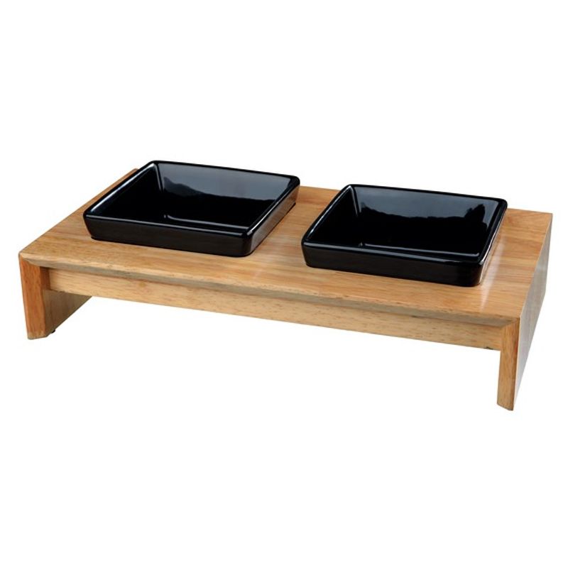 Napf-Set, Keramik/Holz, 2x0,4l, 36x19x7cm, Näpfe: schwarz