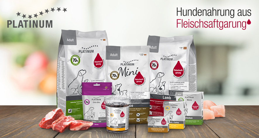 Platinum Hundenahrung, verschiedene Futtersorten mit dem Hinweis auf Fleischsaftgarung.