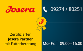 Josera Logo mit Telefonnummer auf gelben und blauen Hintergrund