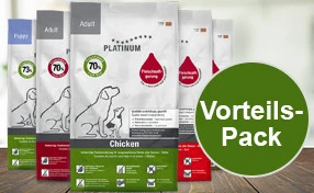 Aufstellung von Platinum Produkten mit dem Schriftzug 'Vorteilspack' in einer grünen Blase rechts davon